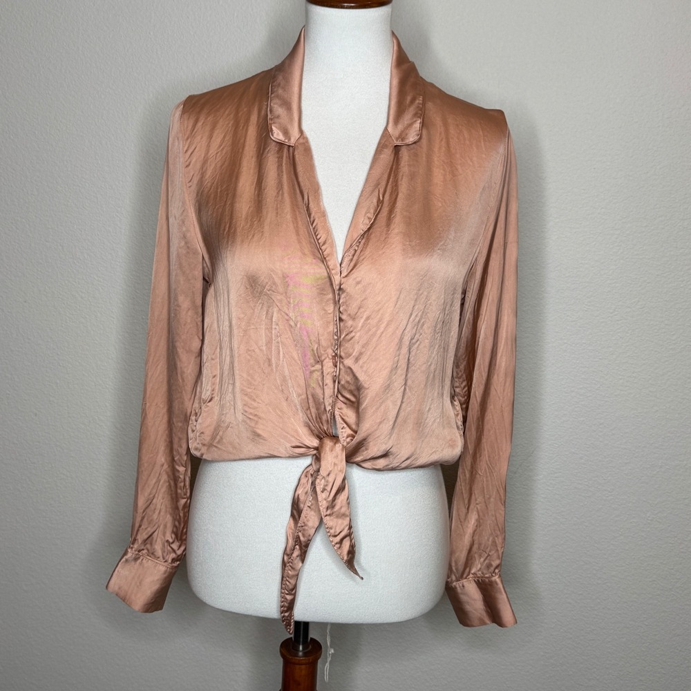 WILFRED Button Up Tie Front Blouse SM Peach Satin Collared Long Sleeves Cupro‎